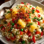 Delicious Pineapple Fried Rice served in a hollowed-out pineapple