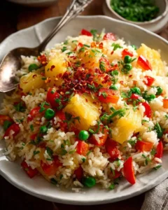 Delicious Pineapple Fried Rice served in a hollowed-out pineapple