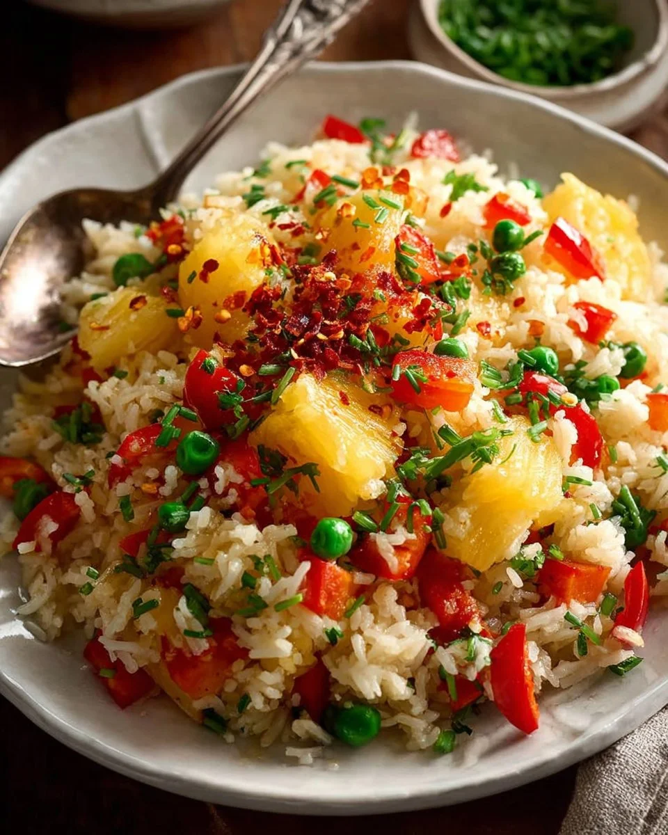 Delicious Pineapple Fried Rice served in a hollowed-out pineapple