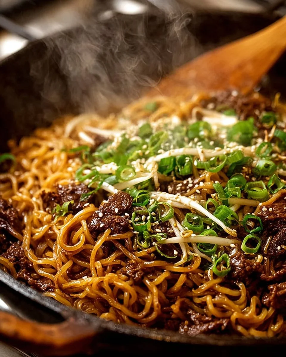 Bowl of quick Asian beef ramen noodles garnished with vegetables