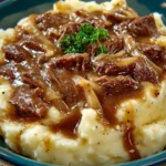 Plate of quick beef and noodles, garnished with herbs and vegetables.