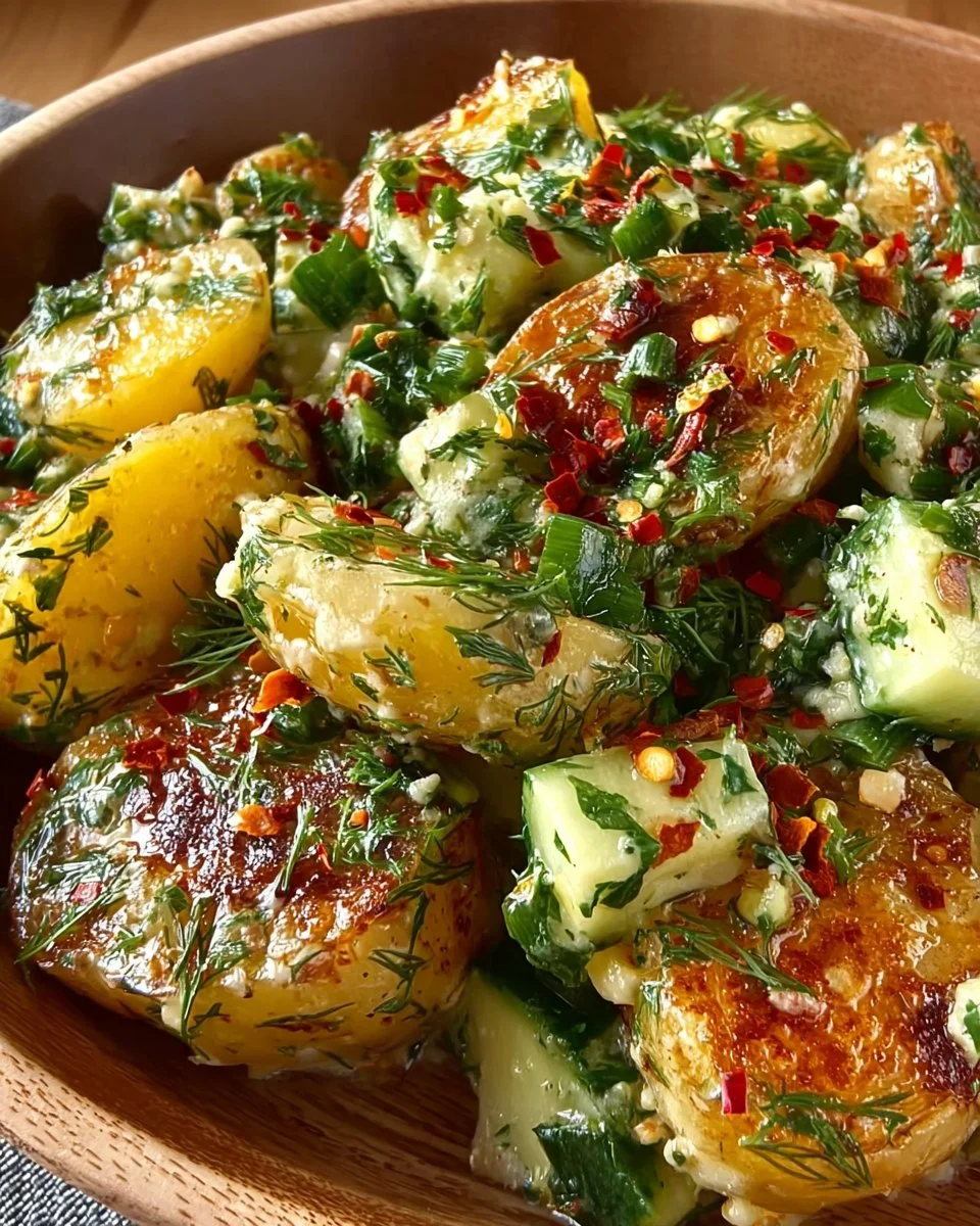 Delicious roasted potato salad with fresh herbs and vegetables