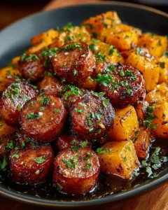 Sausage and sweet potatoes with honey garlic sauce on a plate