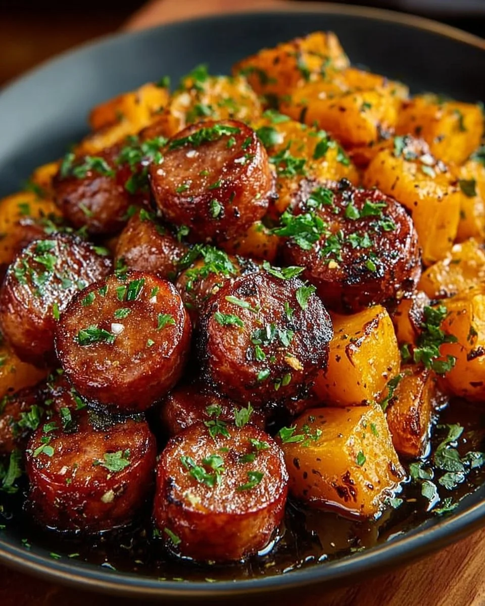 Sausage and sweet potatoes with honey garlic sauce on a plate