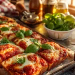 Sheet Pan Margherita Pizza topped with fresh mozzarella, basil, and tomatoes