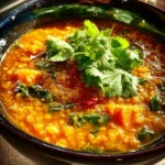 Bowl of spiced lentil curry garnished with herbs and served with rice.