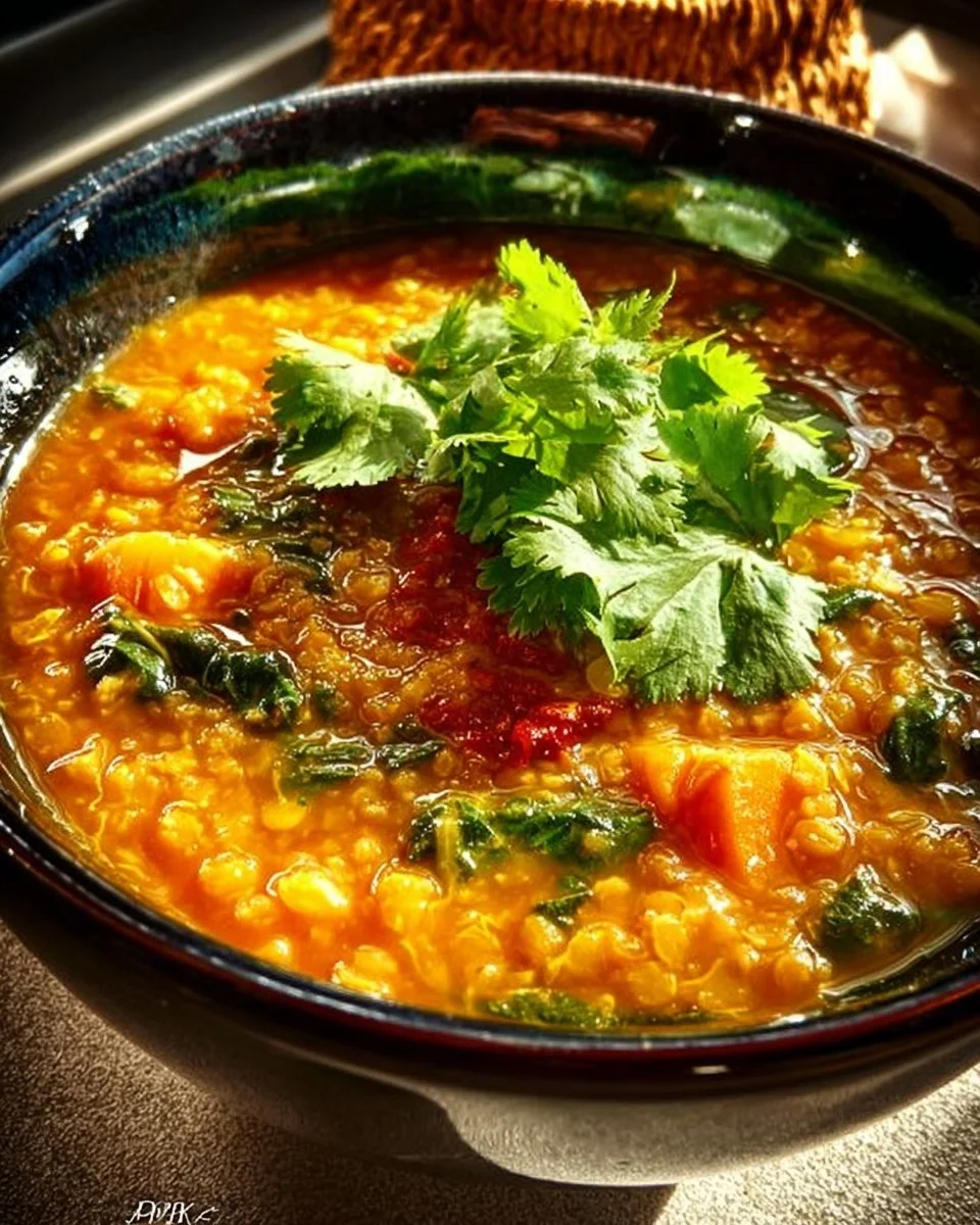 Bowl of spiced lentil curry garnished with herbs and served with rice.