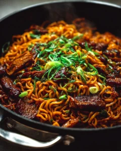 Bowl of Spicy Korean Beef Noodles garnished with fresh vegetables and herbs