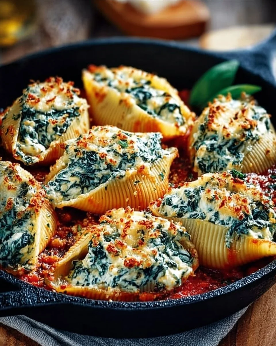 Plate of Spinach and Ricotta Stuffed Shells topped with marinara sauce