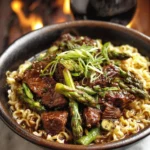 Delicious Steak Teriyaki Ramen with asparagus served in a bowl
