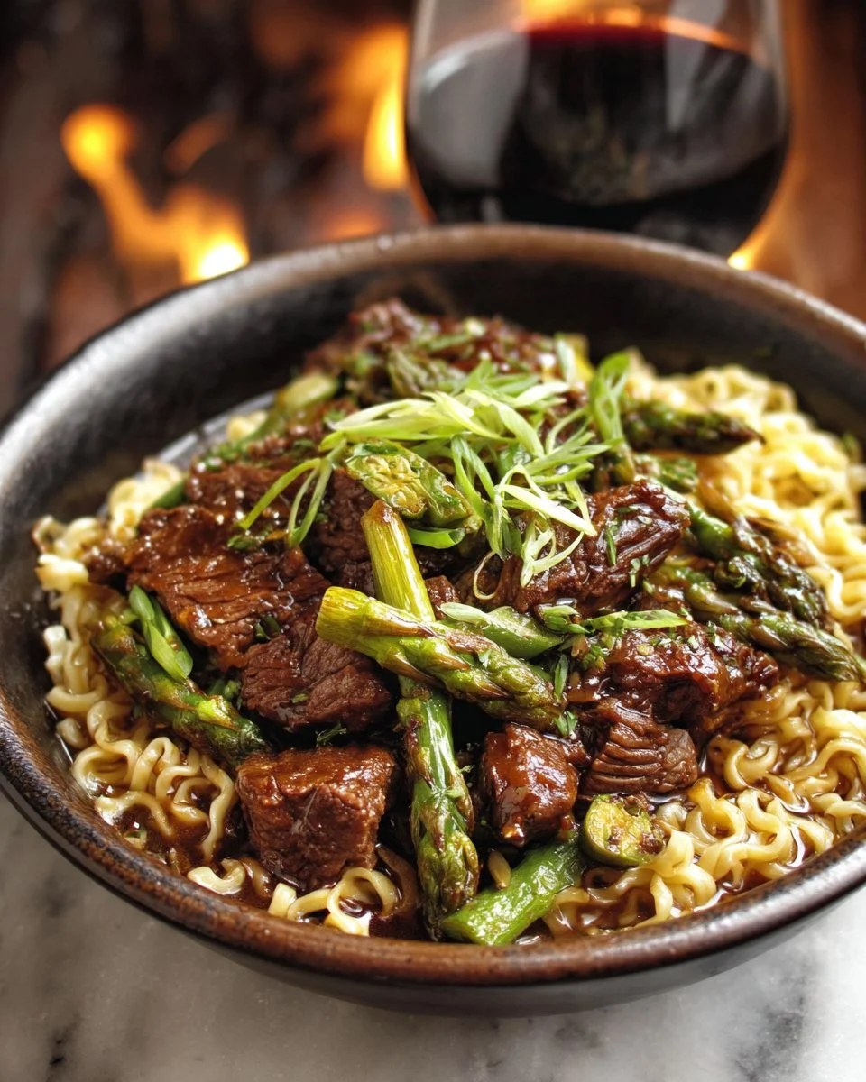 Delicious Steak Teriyaki Ramen with asparagus served in a bowl