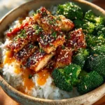 Delicious sticky chicken bowls topped with fresh vegetables and sesame seeds