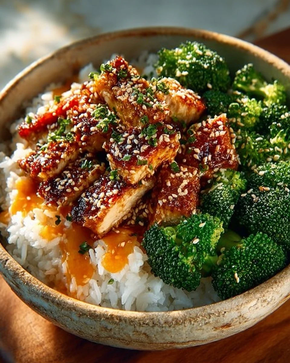 Delicious sticky chicken bowls topped with fresh vegetables and sesame seeds