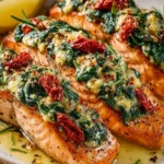 Stuffed salmon with spinach and feta ready to serve on a plate