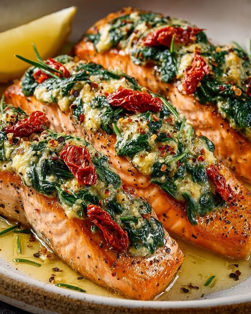Stuffed salmon with spinach and feta ready to serve on a plate