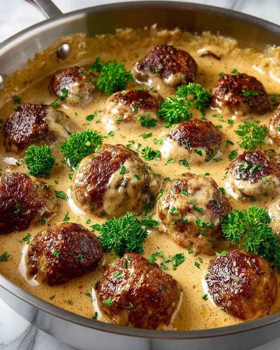 Deliciously baked Swedish meatball casserole served in a cozy dish.