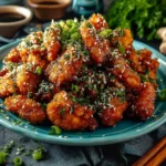Delicious sweet and spicy sesame chicken dish garnished with sesame seeds.