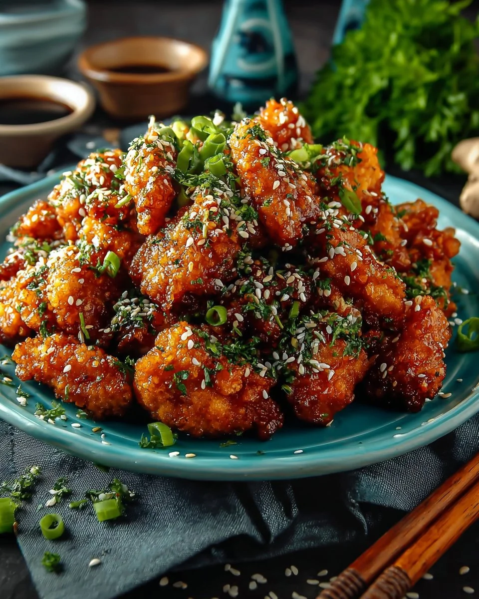 Delicious sweet and spicy sesame chicken dish garnished with sesame seeds.