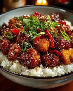 Plate of Sweet Chili Chicken garnished with green onions and sesame seeds