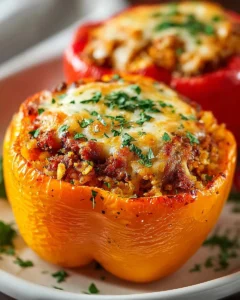 Taco Stuffed Peppers with seasoned beef, cheese, and colorful vegetables