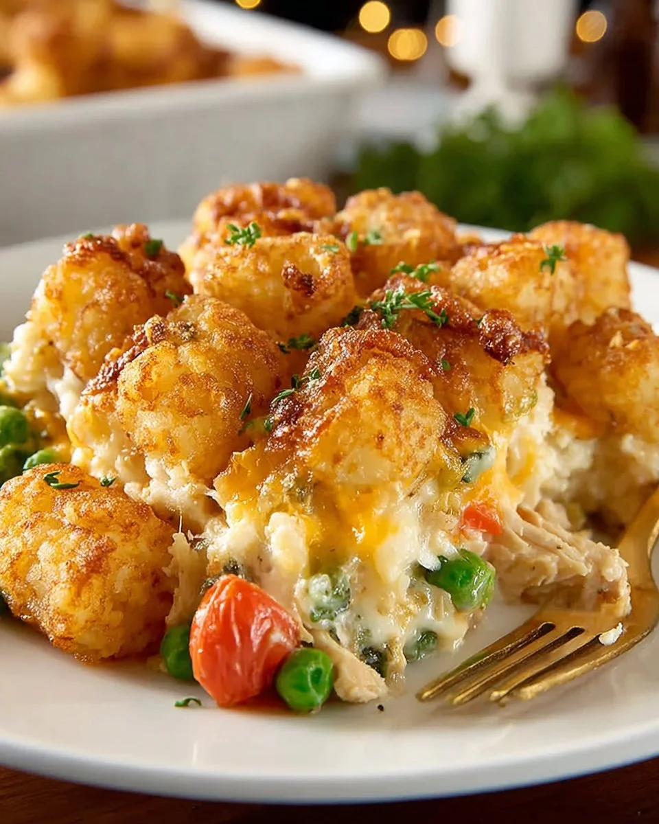 Delicious Tater Tot Casserole with Chicken baked and ready to serve.