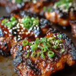 Plate of teriyaki chicken garnished with green onions and served with rice and vegetables