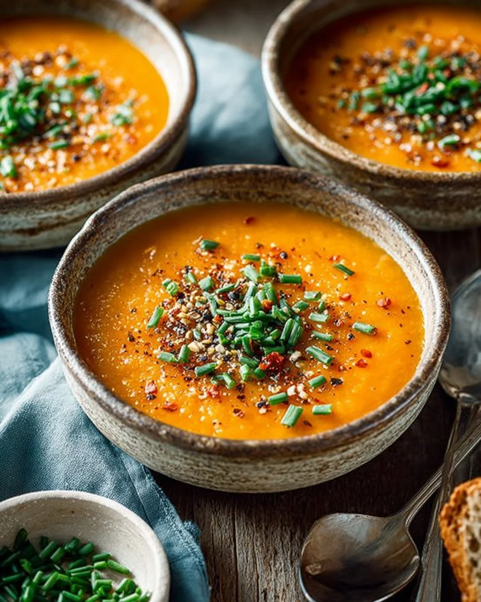 Bowl of Tomato Harissa Coconut Bisque garnished with herbs