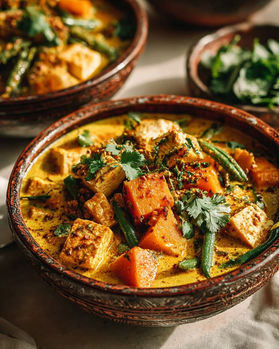Vegan pumpkin curry with tofu served in a bowl, garnished with herbs.