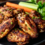 Crispy air fryer chicken wings served on a platter with dipping sauce.