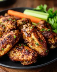 Crispy air fryer chicken wings served on a platter with dipping sauce.