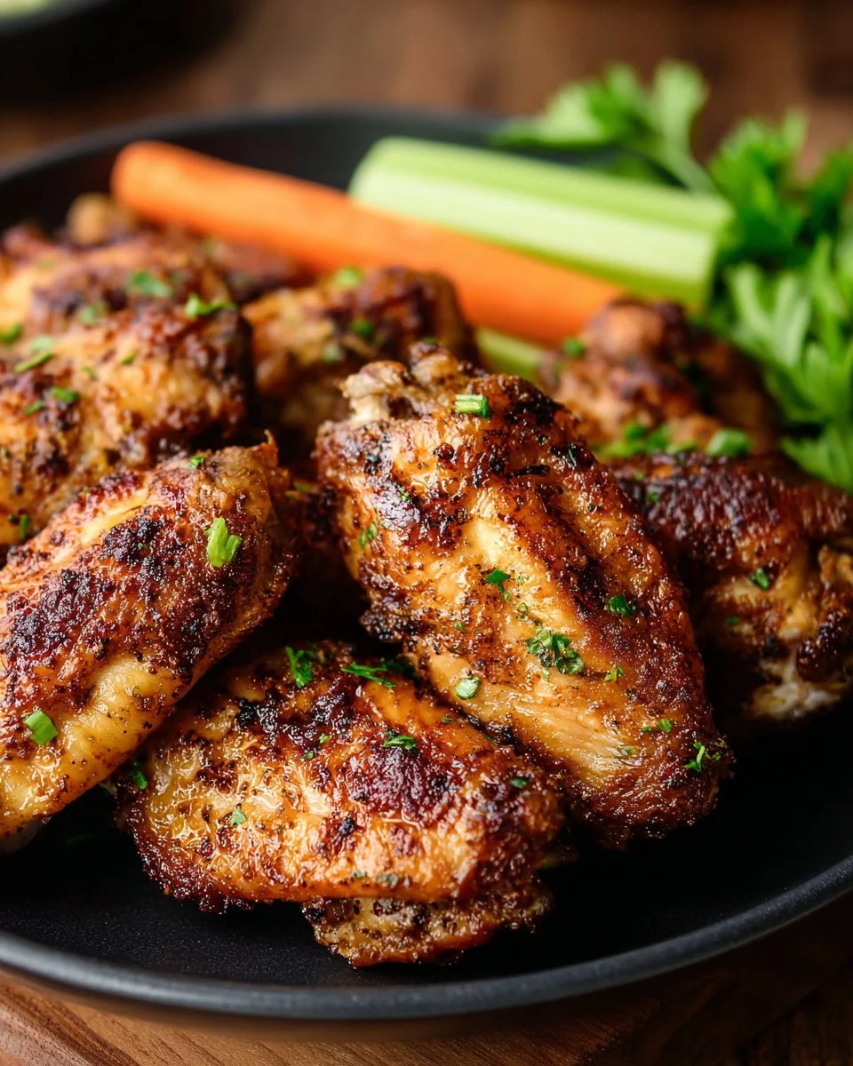 Crispy air fryer chicken wings served on a platter with dipping sauce.