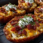Delicious air fryer loaded potato skins topped with cheese and bacon.