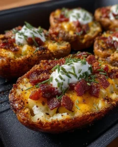 Delicious air fryer loaded potato skins topped with cheese and bacon.