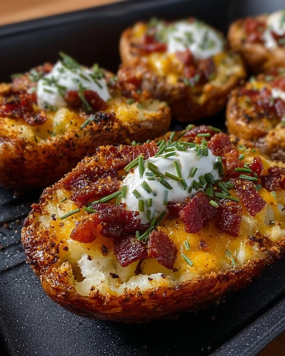 Delicious air fryer loaded potato skins topped with cheese and bacon.