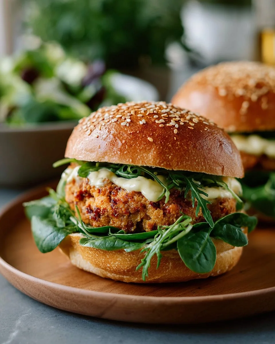 Avocado Salmon Burger on a plate with fresh ingredients