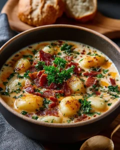 Bowl of Bacon Cheddar Gnocchi Soup topped with herbs and cheese