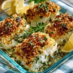 Baked cod topped with crispy garlic herb panko on a plate