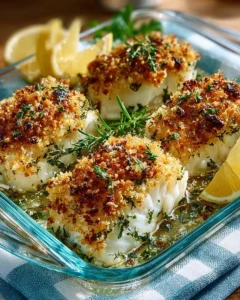 Baked cod topped with crispy garlic herb panko on a plate