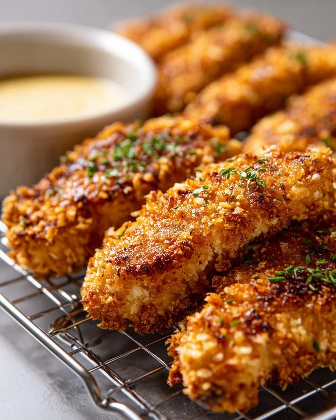 Baked crispy chicken strips served on a plate with dipping sauce