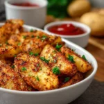 Baked garlic parmesan potato wedges served on a plate with herbs