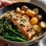 Baked salmon fillet topped with a zesty lemon sauce