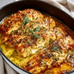 Baked tilapia fillet topped with garlic butter sauce and herbs