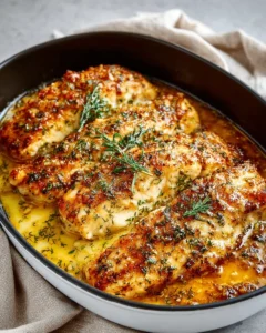 Baked tilapia fillet topped with garlic butter sauce and herbs