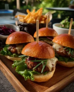 Delicious BBQ beef sliders served on a platter with toppings