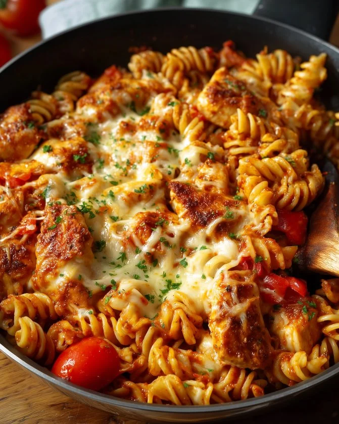One pan BBQ chicken pasta dish with colorful vegetables and a rich sauce