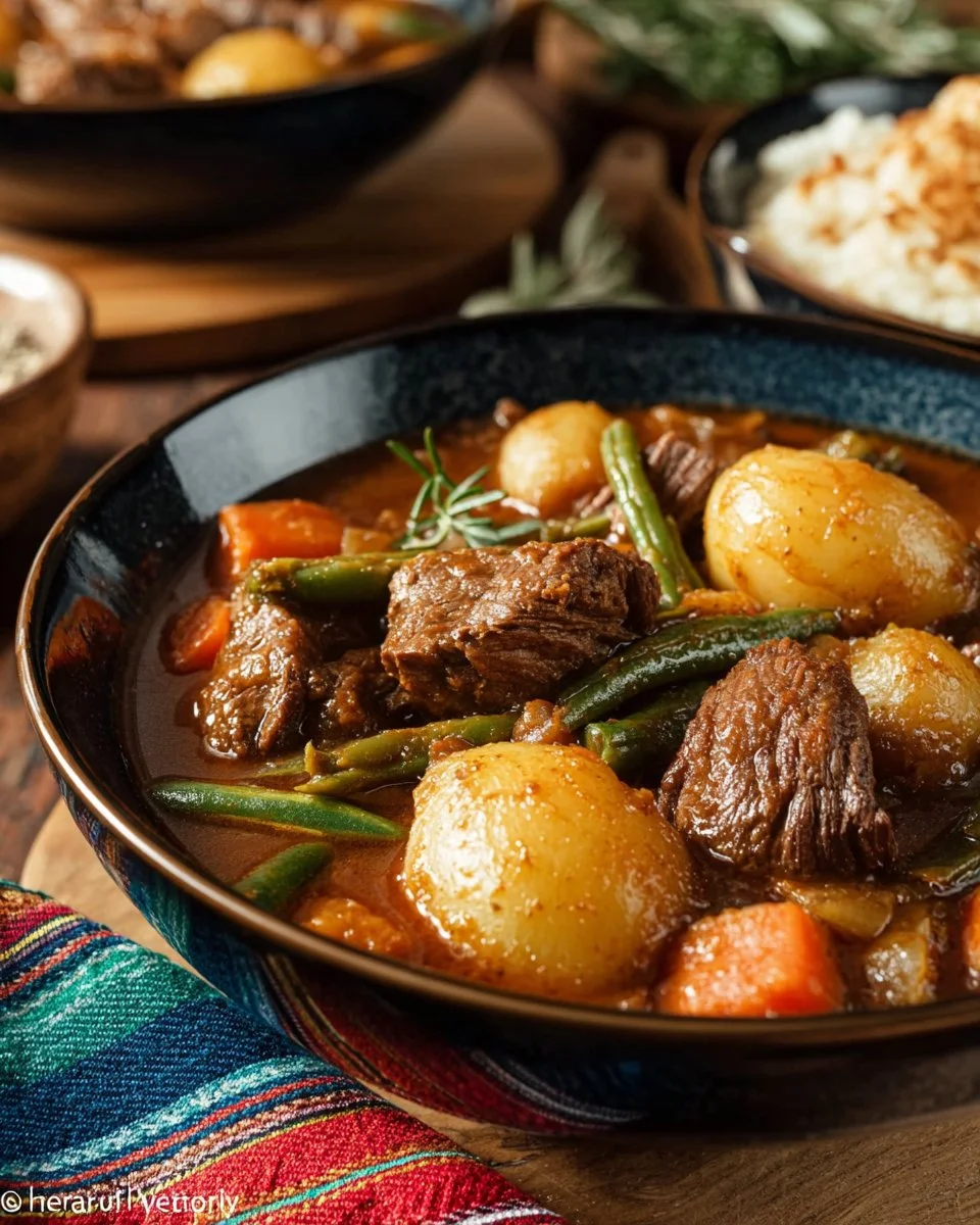 Delicious beef stew with fluffy dumplings in a rustic bowl.