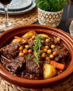Delicious Beef Tagine, a traditional Moroccan beef stew, garnished with herbs and spices