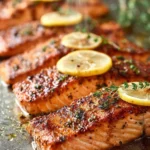 Delicious healthy baked salmon served on a plate with lemon and herbs.
