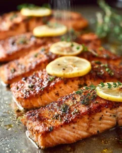 Delicious healthy baked salmon served on a plate with lemon and herbs.