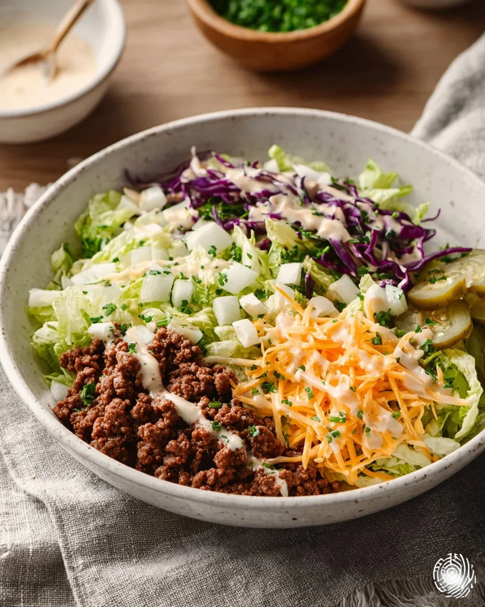 Big Mac Salad with lettuce, beef, cheese, and pickles